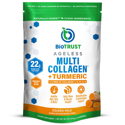BioTrust Collagen Turmeric golden milk powder in tin for delicious daily wellness.