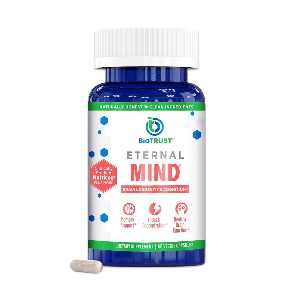 BioTrust Eternal Mind bottle close-up highlighting clean packaging and memory focus