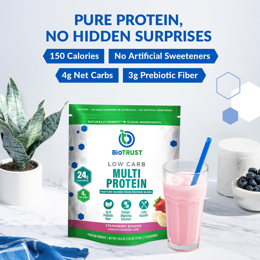 BioTrust Grass-Fed Whey Protein Powder with scoop highlights quality protein source