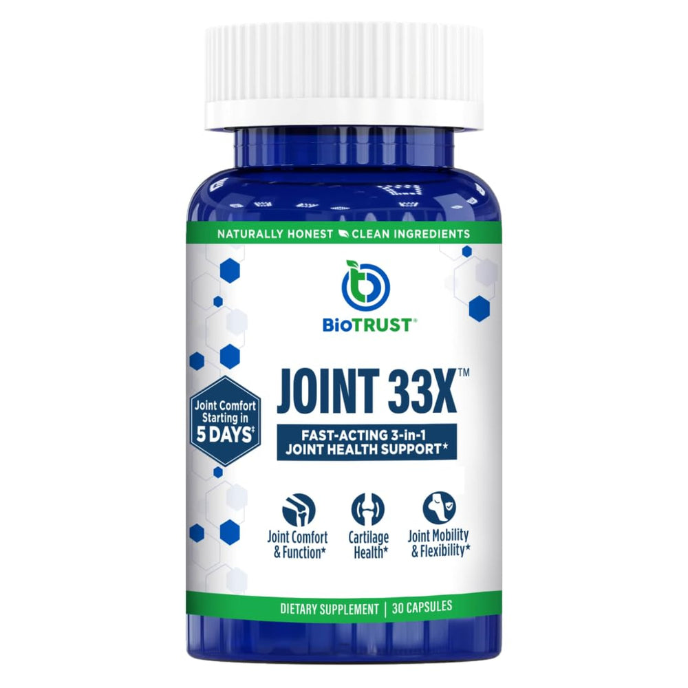 BioTrust Joint 33X bottle demonstrates daily mobility support with capsule form.
