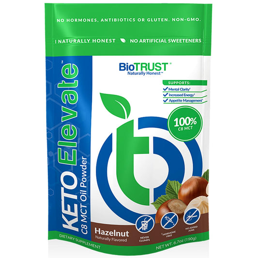BioTrust Keto Elevate hazelnut powder in a jar with scoop for daily use