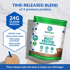 BioTrust Low Carb Protein Powder pour reveals rich chocolate peanut butter flavor