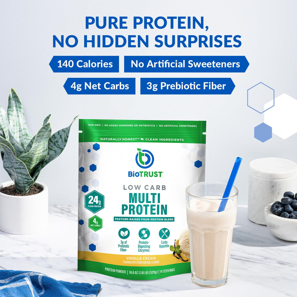Close-up of BioTrust Low Carb Protein Powder container highlighting premium blend.