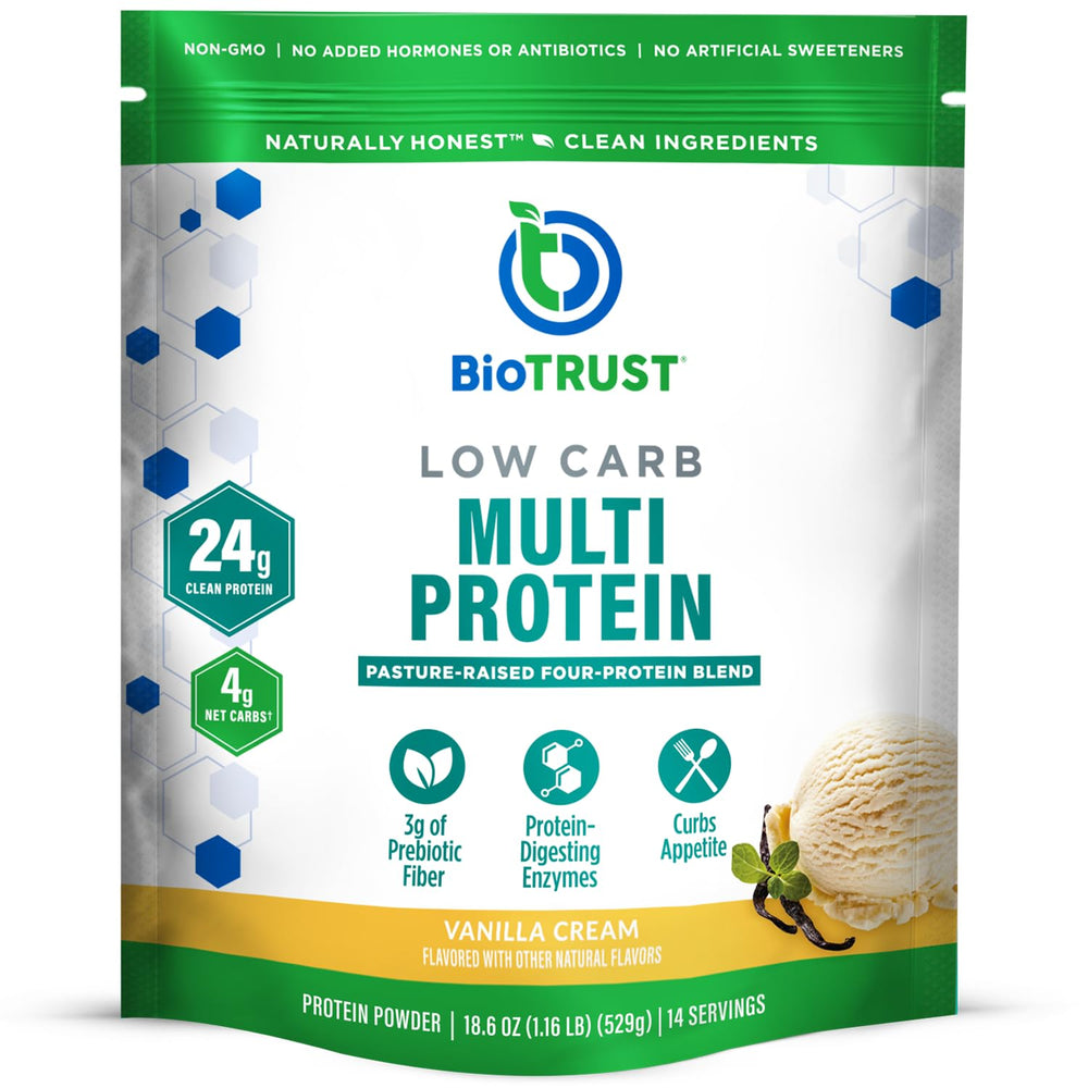 BioTrust Low Carb Vanilla protein powder bottle with scoop for high-protein daily use.