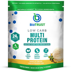 BioTrust Low Carb Vanilla protein powder bottle with scoop for high-protein daily use.