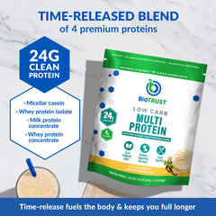 BioTrust Low Carb Vanilla protein powder scoop beside the tub for shakes.