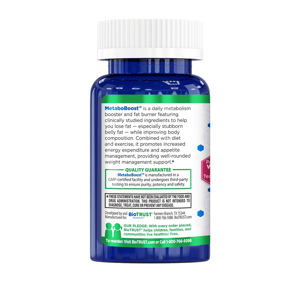 BioTrust MetaboBoost bottle on white background with lifestyle cues for routine use