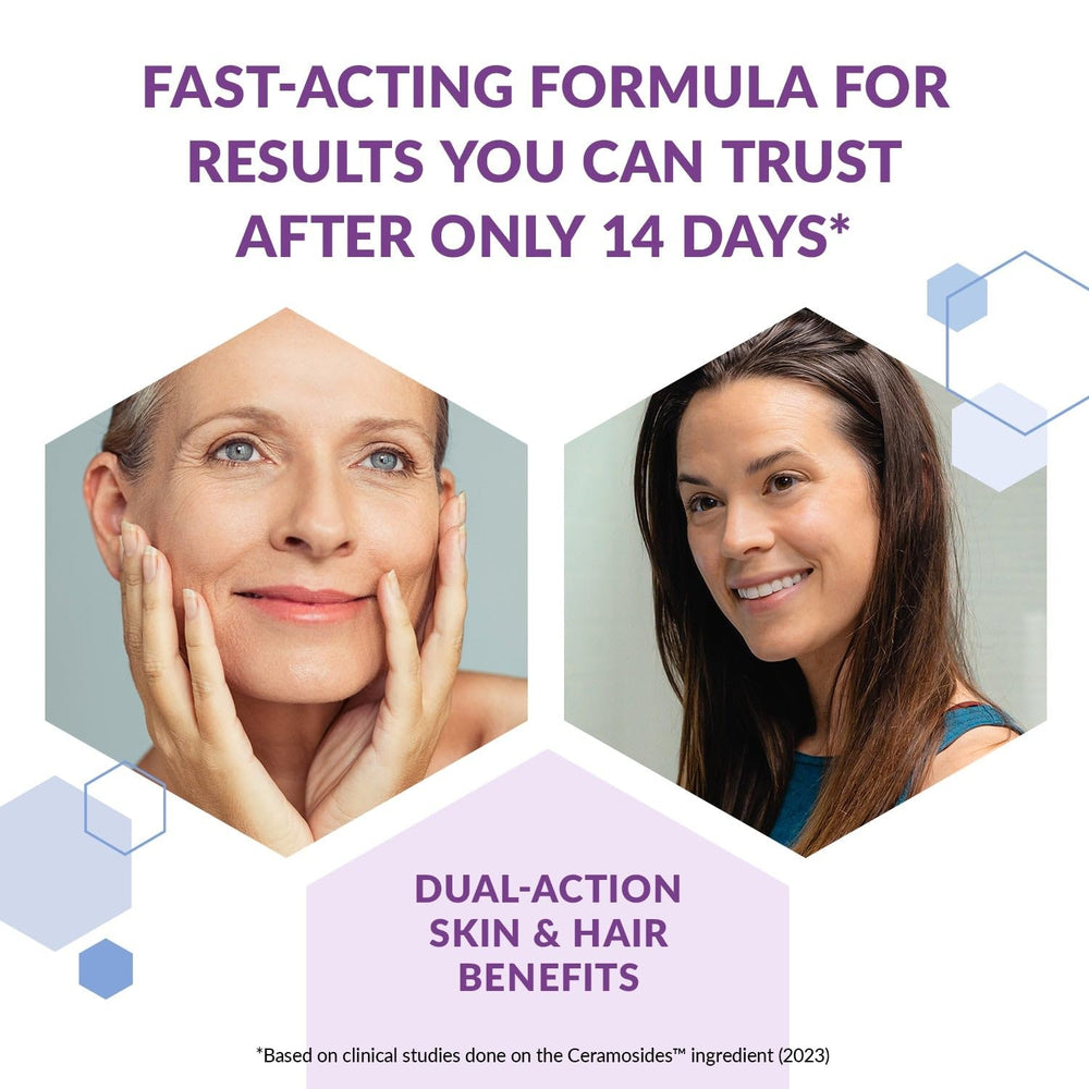 BioTrust Timeless Beauty Ceramide Booster ingredients panel showing ceramides and vitamins for skin resilience.