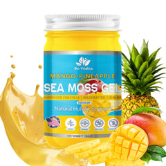 Bio Vitalica Sea Moss Gel Mango-Pineapple being poured into a glass for smoothies