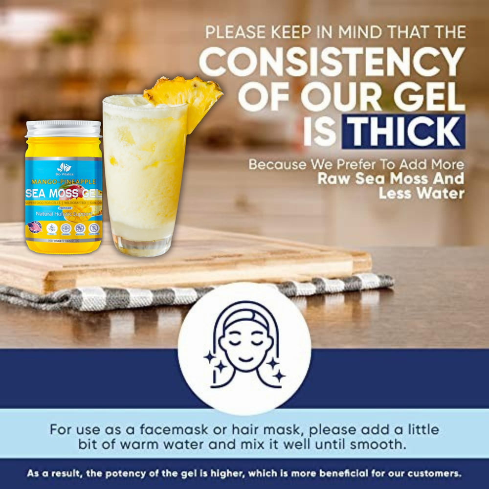 Bio Vitalica Sea Moss Gel Mango-Pineapple smoothie setup shows easy integration