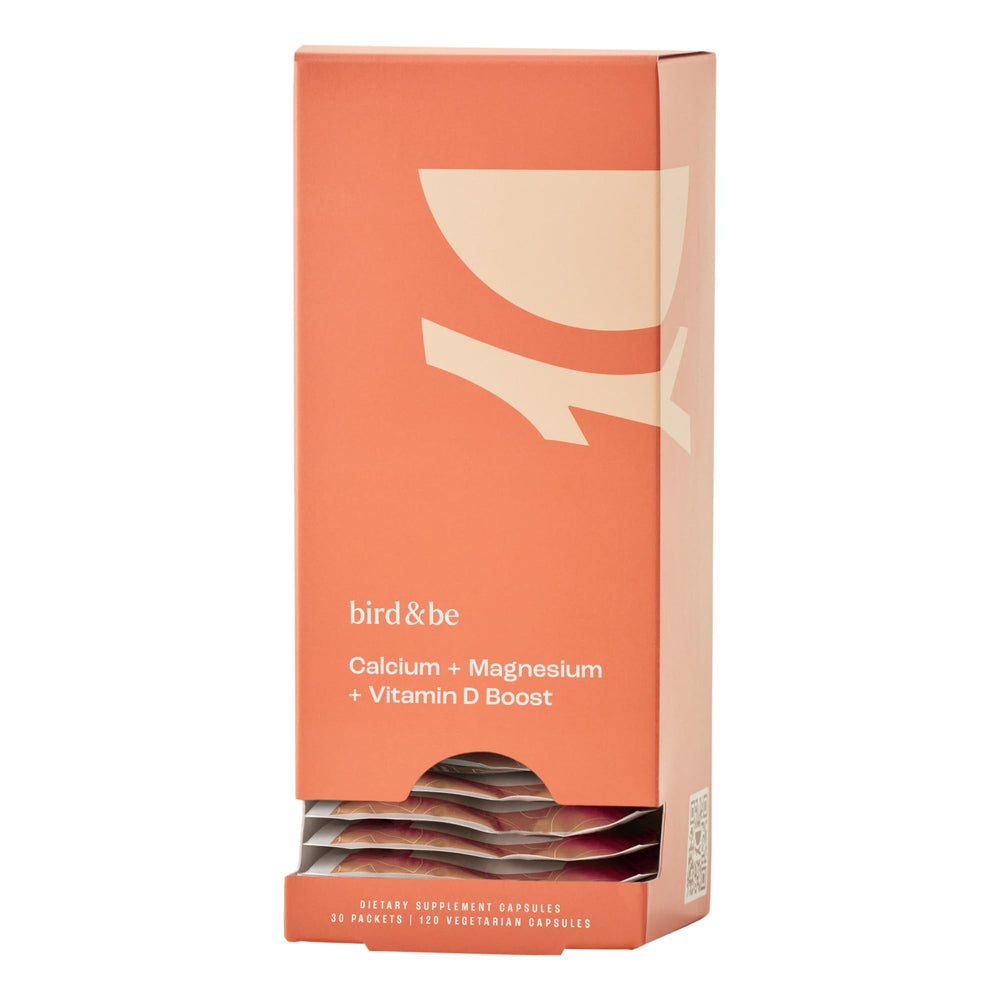 birdandbe calcium magnesium vitamin d3 bottle emphasizes bone support for calm evenings.