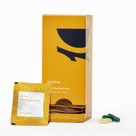 bird&be Postpartum bottle front showing daily nutrient support for recovery.