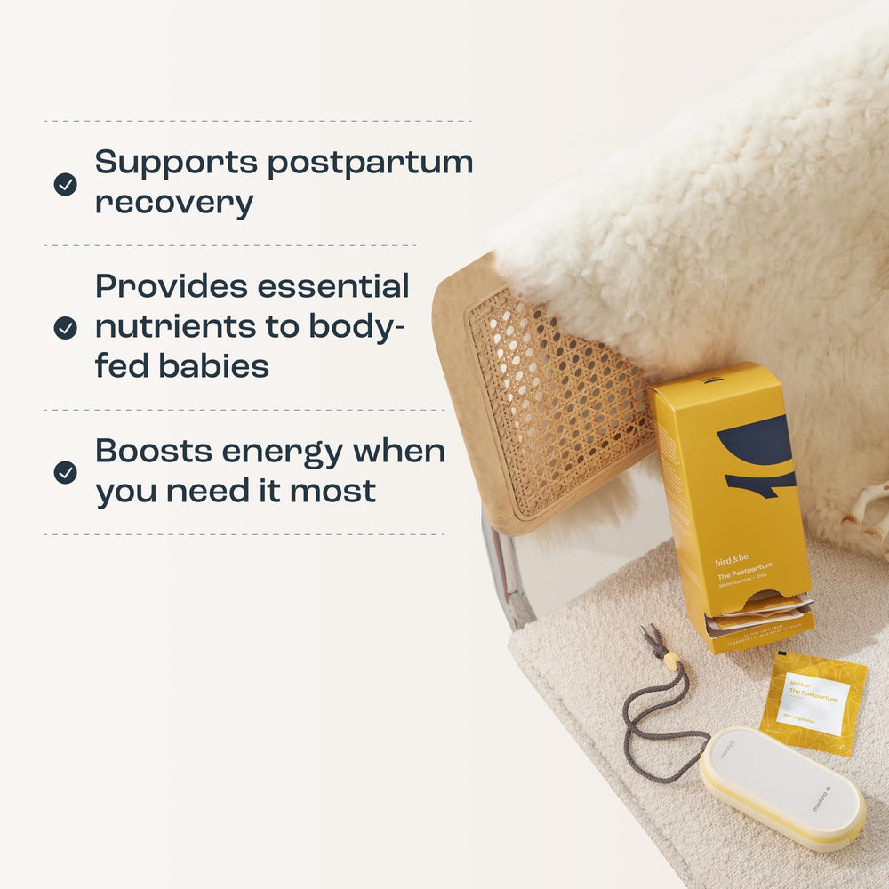 bird&be Postpartum ingredients panel featuring DHA, iron, and choline.