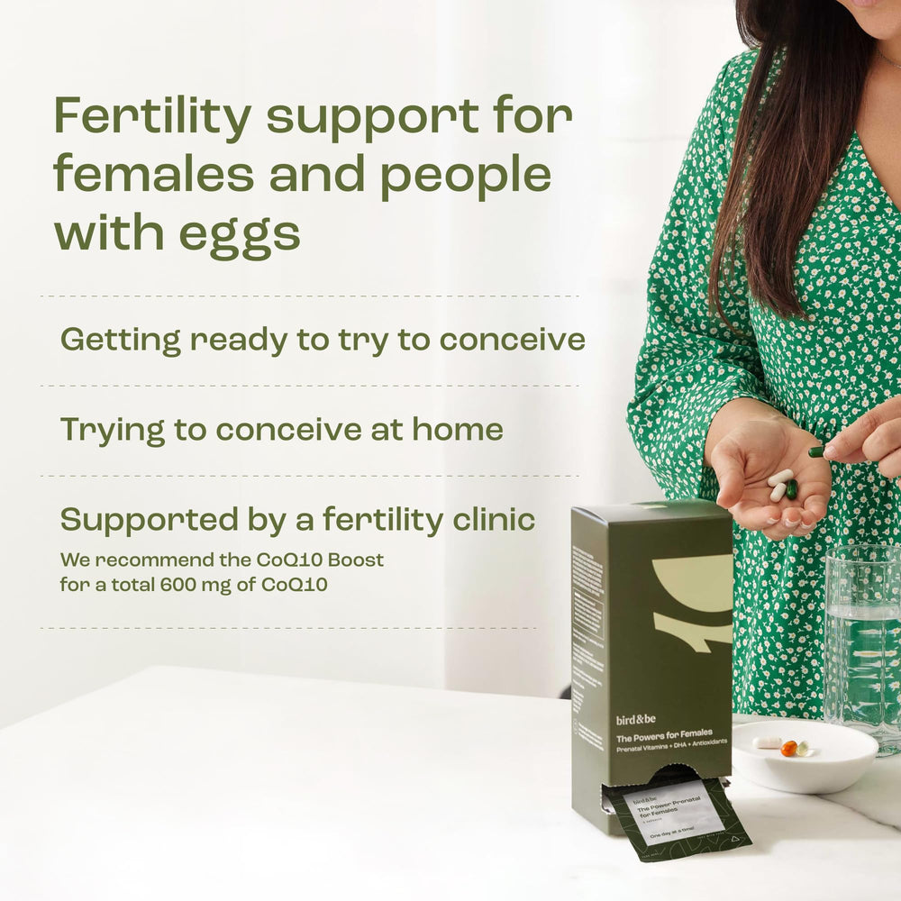 bird&be Power Prenatal CoQ10 NAC capsules for everyday vitality.