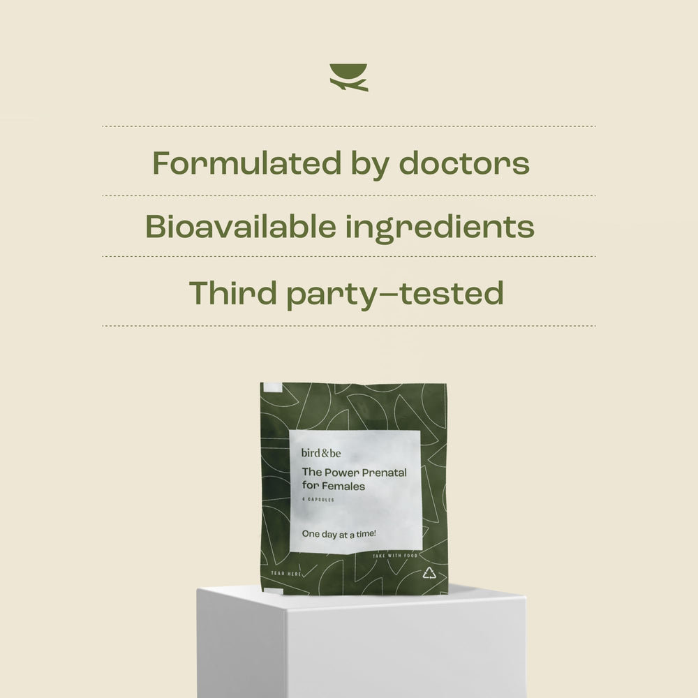 bird&be Power Prenatal gluten-free label visible on packaging.