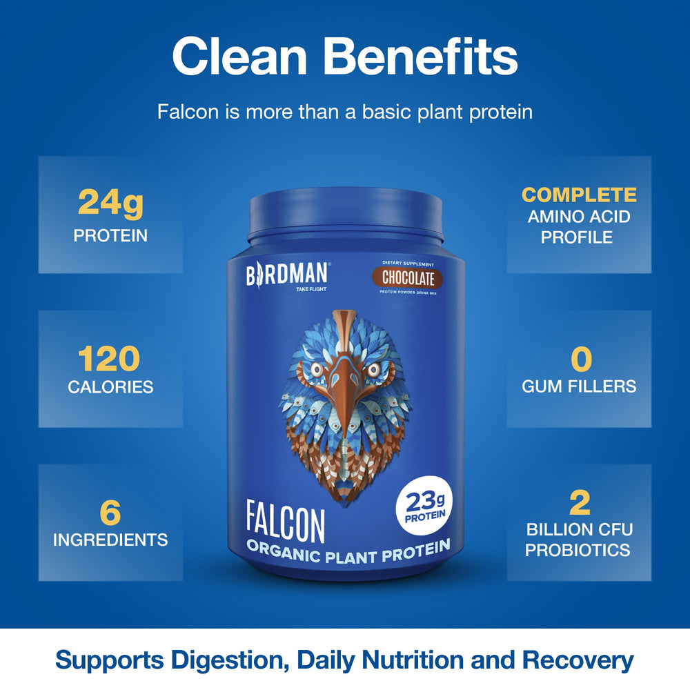 BirdMAN Falcon dairy-free protein powder with scoop ready to blend