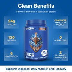 BirdMAN Falcon dairy-free protein powder with scoop ready to blend