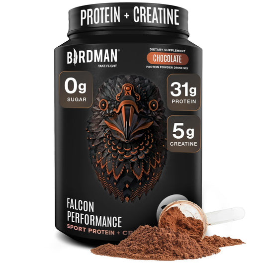 Birdman Falcon Performance protein powder tub front view highlighting plant-based formula