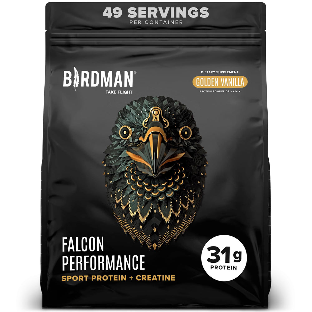 Birdman Falcon Performance vegan protein bottle with creamy shake for steady energy.