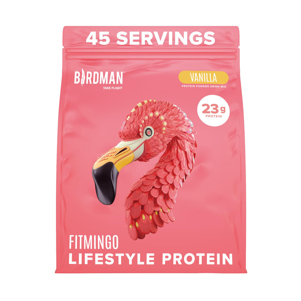 Birdman Fitmingo blueberry protein bottle pour illustrates grab-and-go protein for workouts.