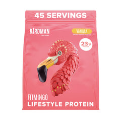 Birdman Fitmingo blueberry protein bottle pour illustrates grab-and-go protein for workouts.