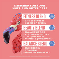 BIRDMAN Fitmingo blueberry protein powder mixing scene for quick, convenient shakes.