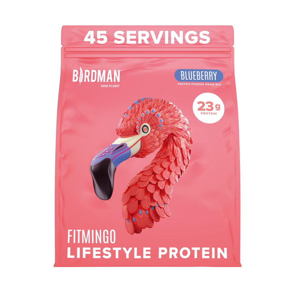 Birdman Fitmingo blueberry protein tub front view for plant-based nutrition