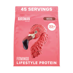 BIRDMAN Fitmingo tub front shows the vegan mocha protein powder in a sleek container for everyday fueling.