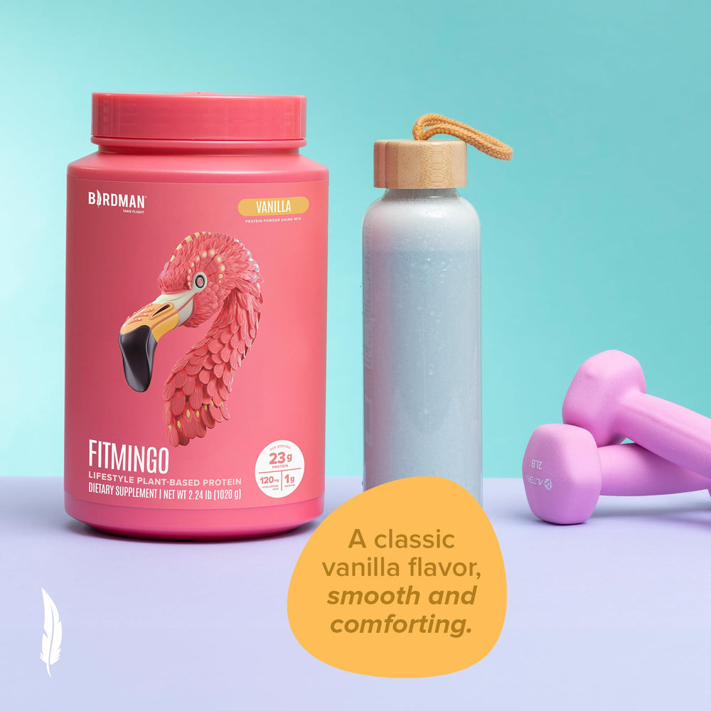 Birdman Fitmingo vanilla dairy-free symbol communicates lactose-free protein option.