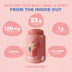 Birdman Fitmingo vanilla powder in glass demonstrates smooth, dairy-free nutrition.