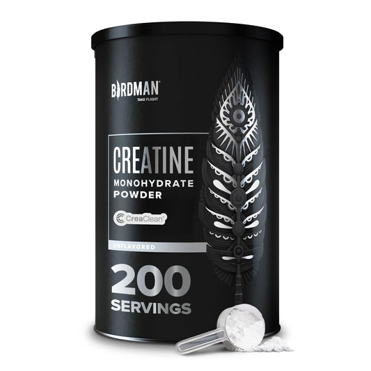 Birdman micronized creatine monohydrate tub supports clean pre-workout energy.
