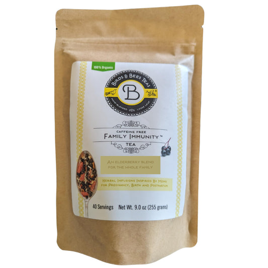 Birds & Bees Teas elderberry tea bottle showcases an organic blend for family wellness.