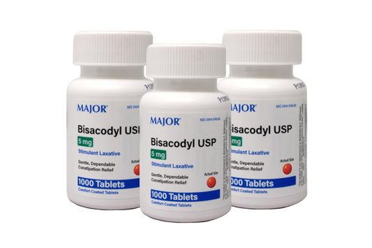 Bisacodyl tablets 5 mg packaging front shows three-pack for occasional constipation relief