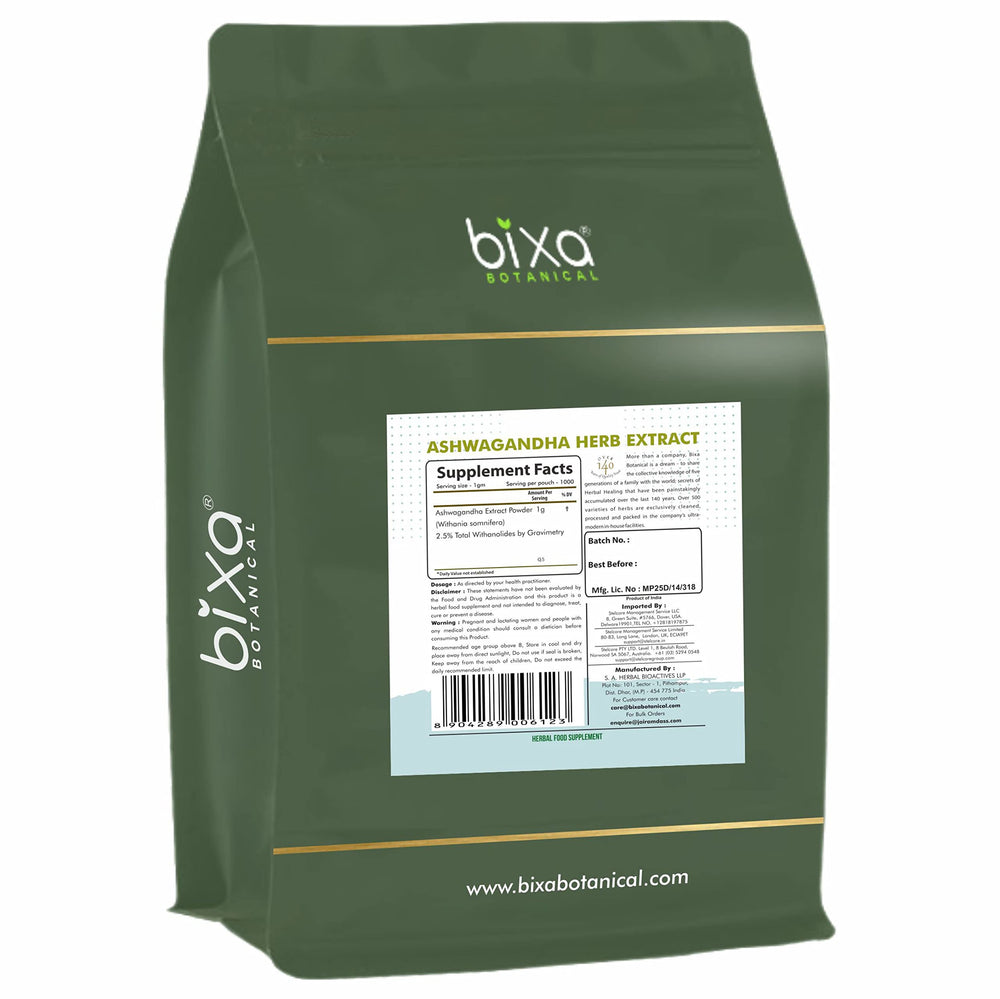 bixa BOTANICAL Ashwagandha dry extract pack emphasizes earthy aroma for daily routines.