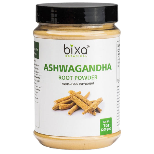 Bixa Botanical Ashwagandha root powder packshot showing premium, lab-tested herbal supplement for energy