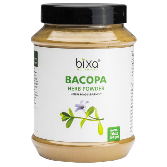Bixa Botanical Bacopa powder jar shows vegan, gluten-free, non-GMO formulation.