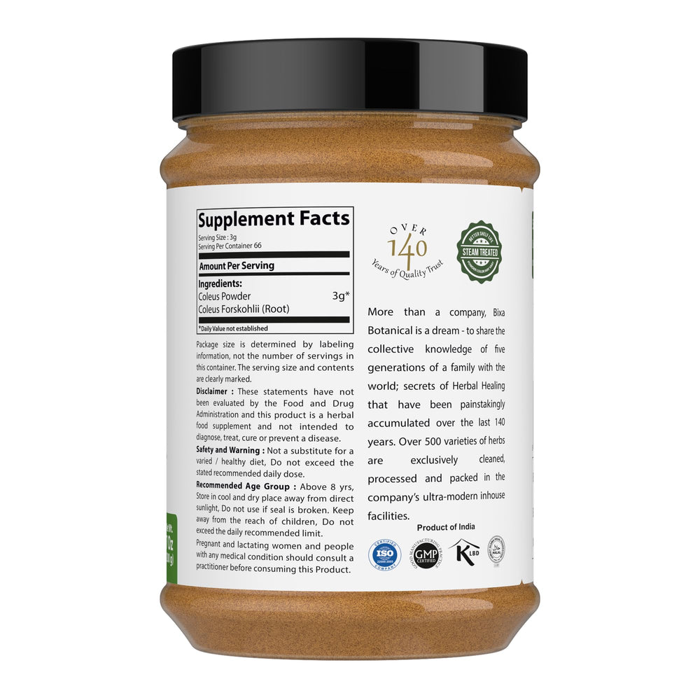 Bixa Botanical Coleus Forskohlii root powder label shows vegan and steam-treated.