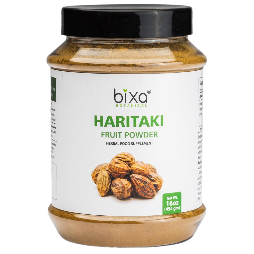 bixa BOTANICAL Haritaki powder jar showcases pure, gluten-free formula for daily use.