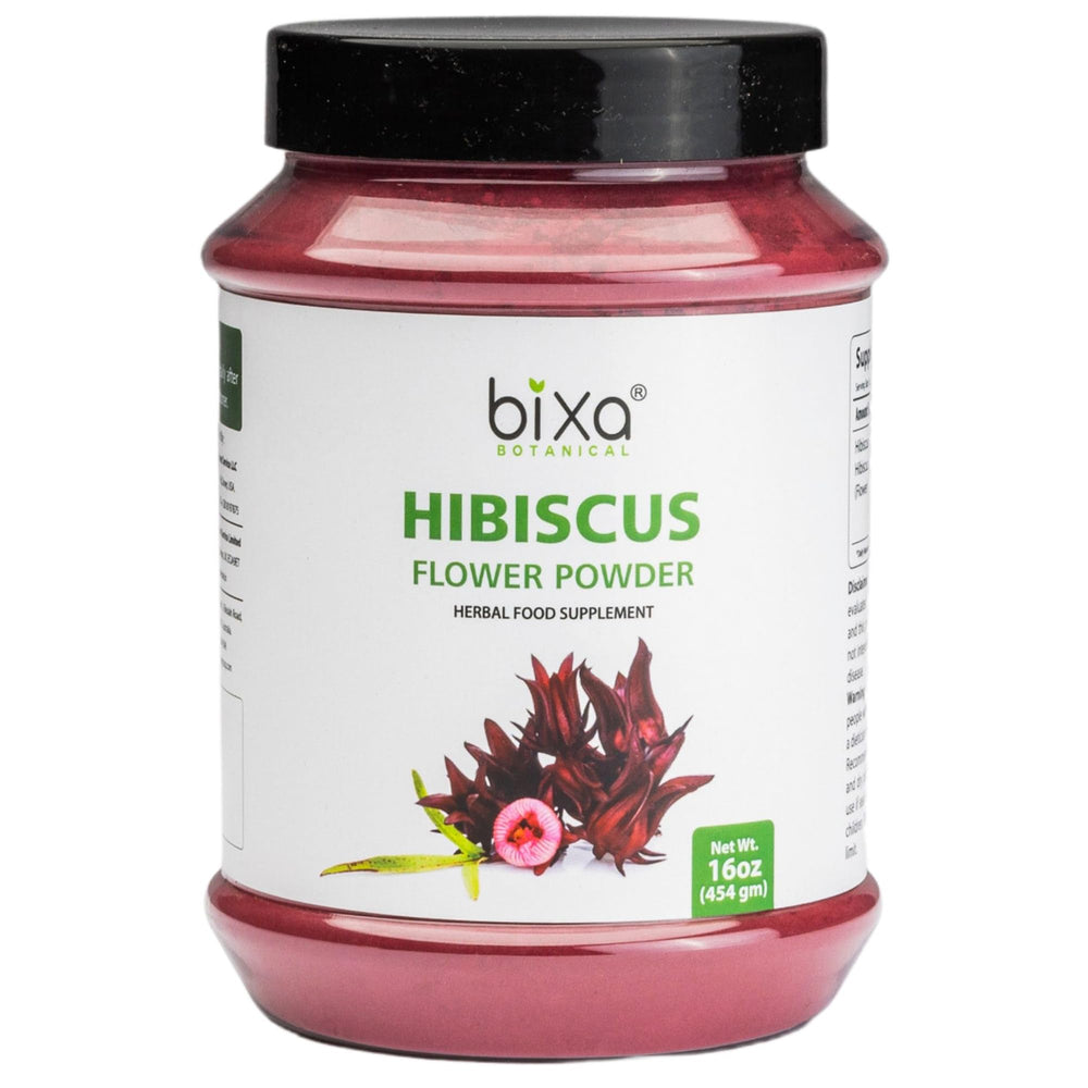 Bixa Botanical Hibiscus Powder packaging front, premium Ayurvedic herbal supplement.