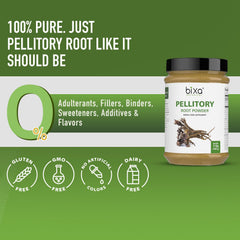 bixa BOTANICAL Pellitory Root Powder jar with label emphasizes purity and vegan sourcing.