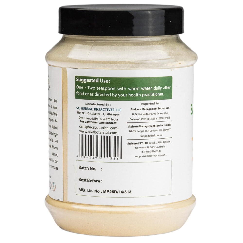 Bixa Botanical Safed Musli powder measuring scoop demonstrates easy daily dosage.