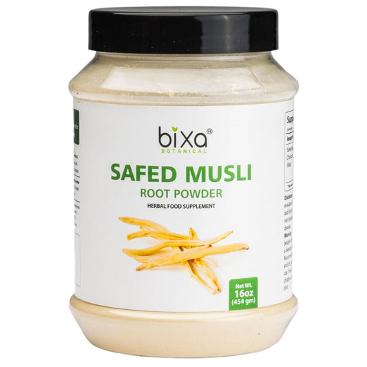 Bixa Botanical Safed Musli powder packaging showcases premium herbal vitality support.