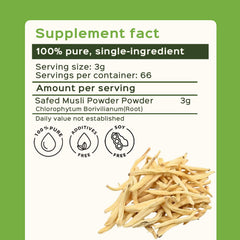 bixa BOTANICAL Safed Musli steam-treated root closeup emphasizes processing method.
