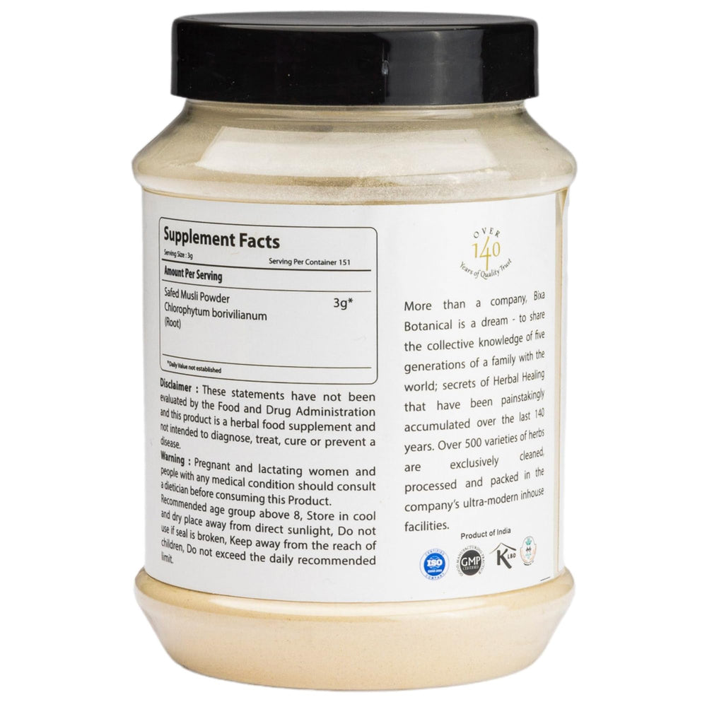 Bixa Botanical Safed Musli powder texture close-up for smooth mixing.