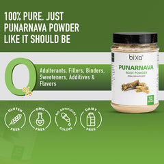 Steam-treated Punarnava powder packaging by Bixa Botanical.