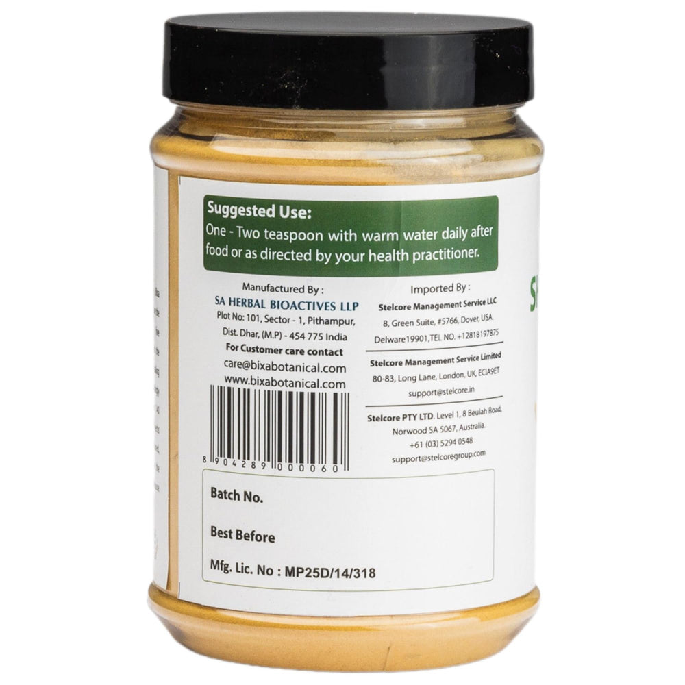 Bixa Botanical steam-treated Shatavari powder emphasizes purity.