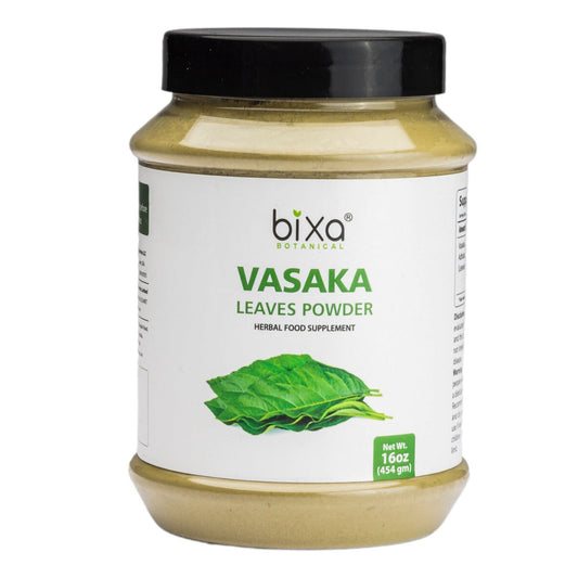 Bixa Botanical Vasaka leaf powder jar shows gluten-free Adhatoda vasaka powder in a resealable container.