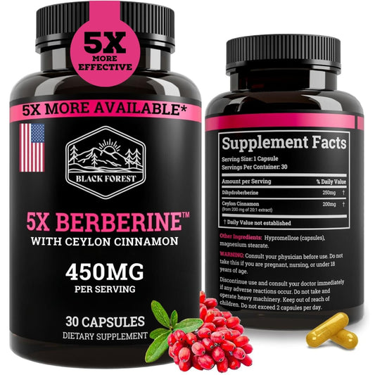 Black Forest 5X Berberine DHB bottle with capsules highlighting higher absorption