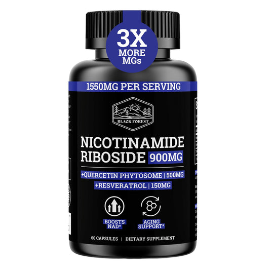 Black Forest NAD 900mg bottle in view highlights the product and dosage for daily energy support.