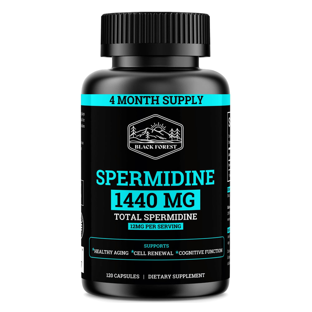 Black Forest Spermidine bottle front highlights potent 99% pure spermidine for daily vitality.